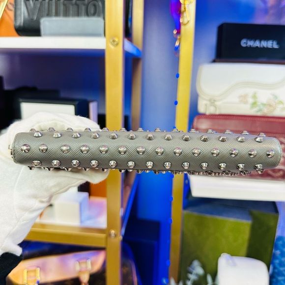 Rare Prada Studded Gray Leather Large Organizer Zip Around Wallet - Picture 6 of 12